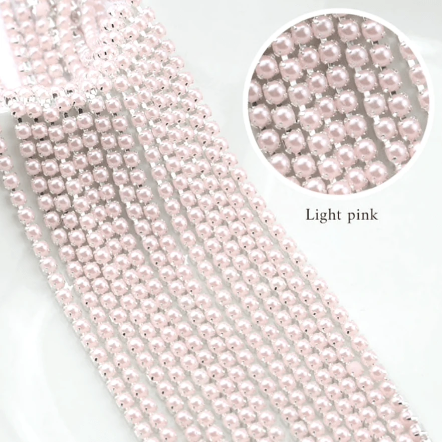 Sundaylace Creations & Bling SS6 Metal Rhinestone Chain Ss6 Light Rose Pink Pearl Stone, Silver Metal Rhinestone Chain