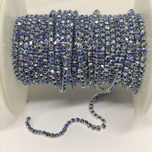 Ss6 Light Sapphire AB Rhinestone with Silver Chain, Rhinestone Metal Chain SS6 Metal Rhinestone Chain