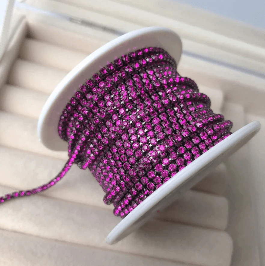 Sundaylace Creations & Bling SS6 Metal Rhinestone Chain Ss6 Magenta Pink Stone on Gunmetal Metal Rhinestone Chain