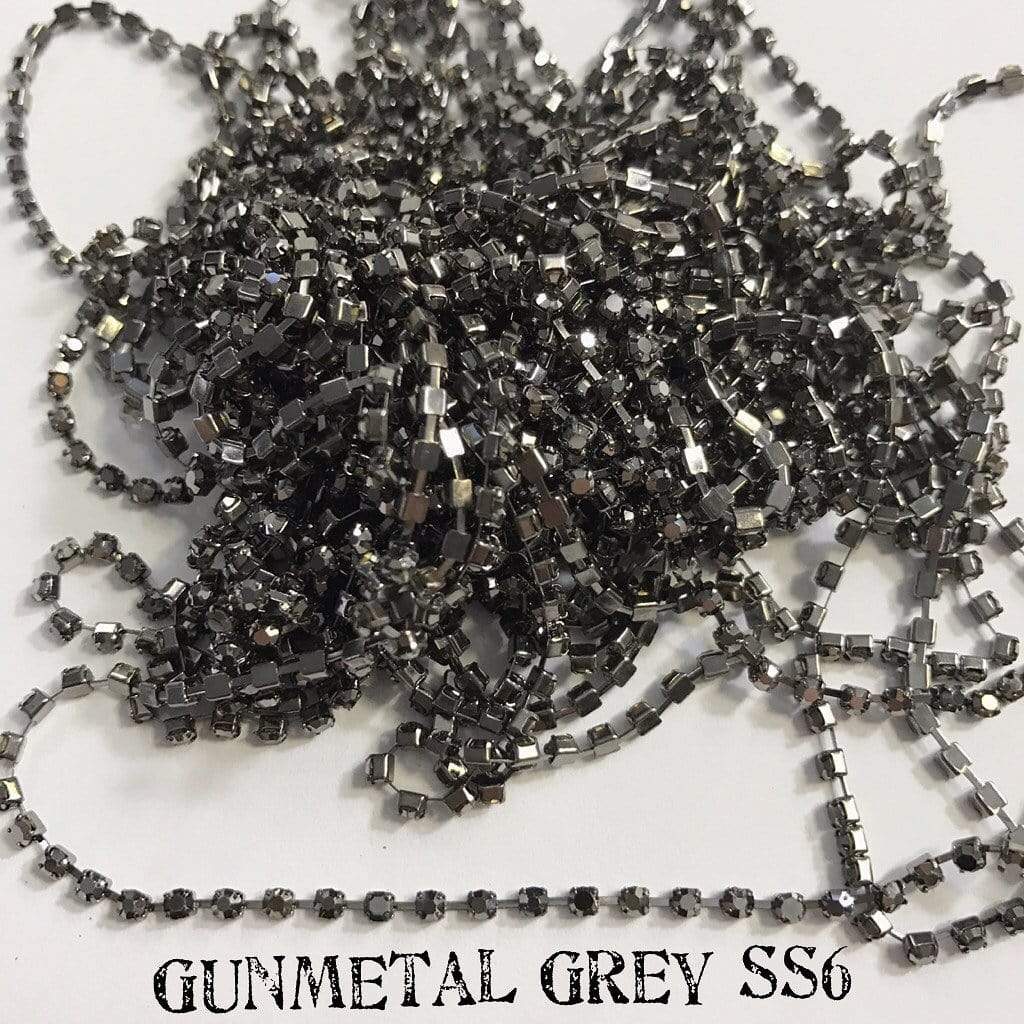 Sundaylace Creations & Bling SS6 Metal Rhinestone Chain Ss6 Metallic Gunmetal Jet Black Stone, on Gunmetal Metal Rhinestone Chain