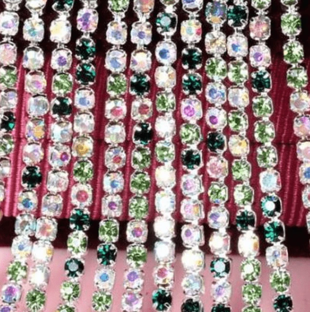 Sundaylace Creations & Bling SS6 Metal Rhinestone Chain Emerald Green AB Mix Ss6 Mixed Rhinestone Stones, Silver Rhinestone Metal Chain