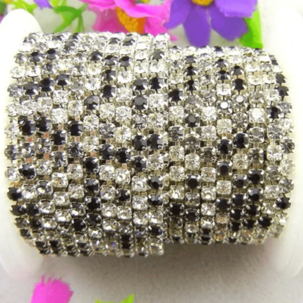 Black- Grey- Clear Ss6 Mixed Rhinestone Stones, Silver Rhinestone Metal Chain SS6 Metal Rhinestone Chain
