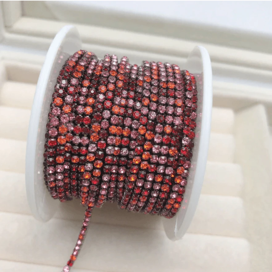 Sundaylace Creations & Bling SS6 Metal Rhinestone Chain Ss6 Mixed Stone- Orange - Pink - Siam Red Stone on Gunmetal Metal Rhinestone Chain