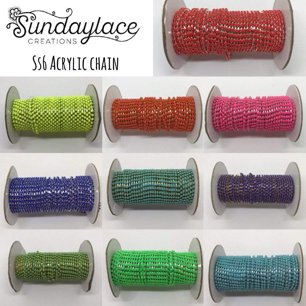 Sundaylace Creations & Bling SS6 Metal Rhinestone Chain Ss6 Neon Pink Acrylic on Silver Rhinestone Metal Rope Chain, Sold in yard