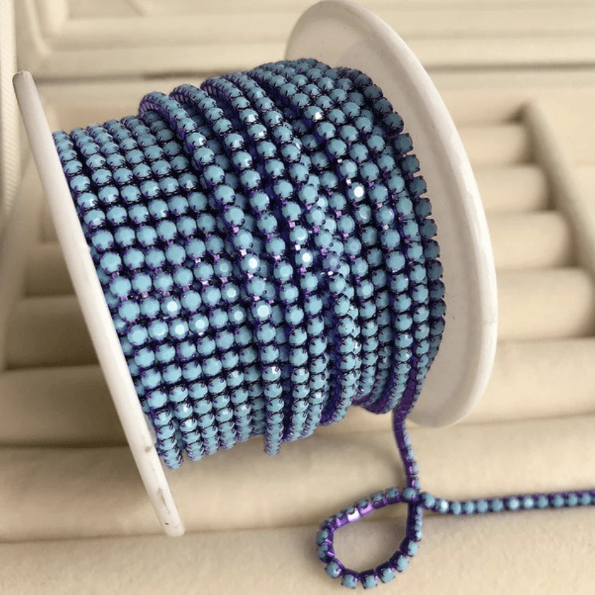 Sundaylace Creations & Bling SS6 Metal Rhinestone Chain Ss6 Opal Blue Stone on Purple Metallic Metal Rhinestone Chain