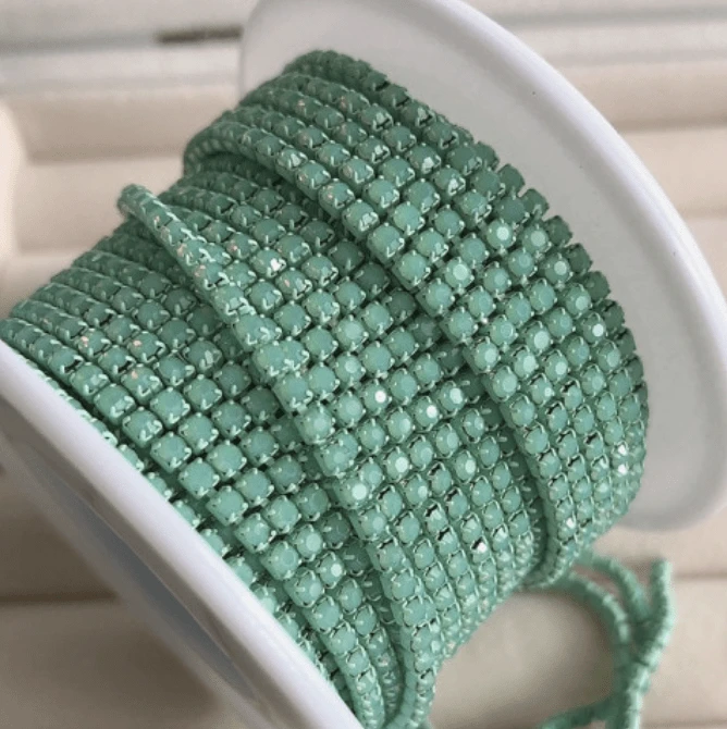 Sundaylace Creations & Bling SS6 Metal Rhinestone Chain Ss6 Opal Green *Mint Stone on Light Green Coloured Metal Rhinestone Chain, Sold per yard