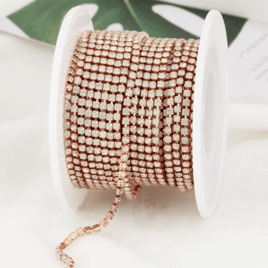 Sundaylace Creations & Bling SS6 Metal Rhinestone Chain Ss6 Opal White Stone on Rose Gold Metal Chain, Sold in yard