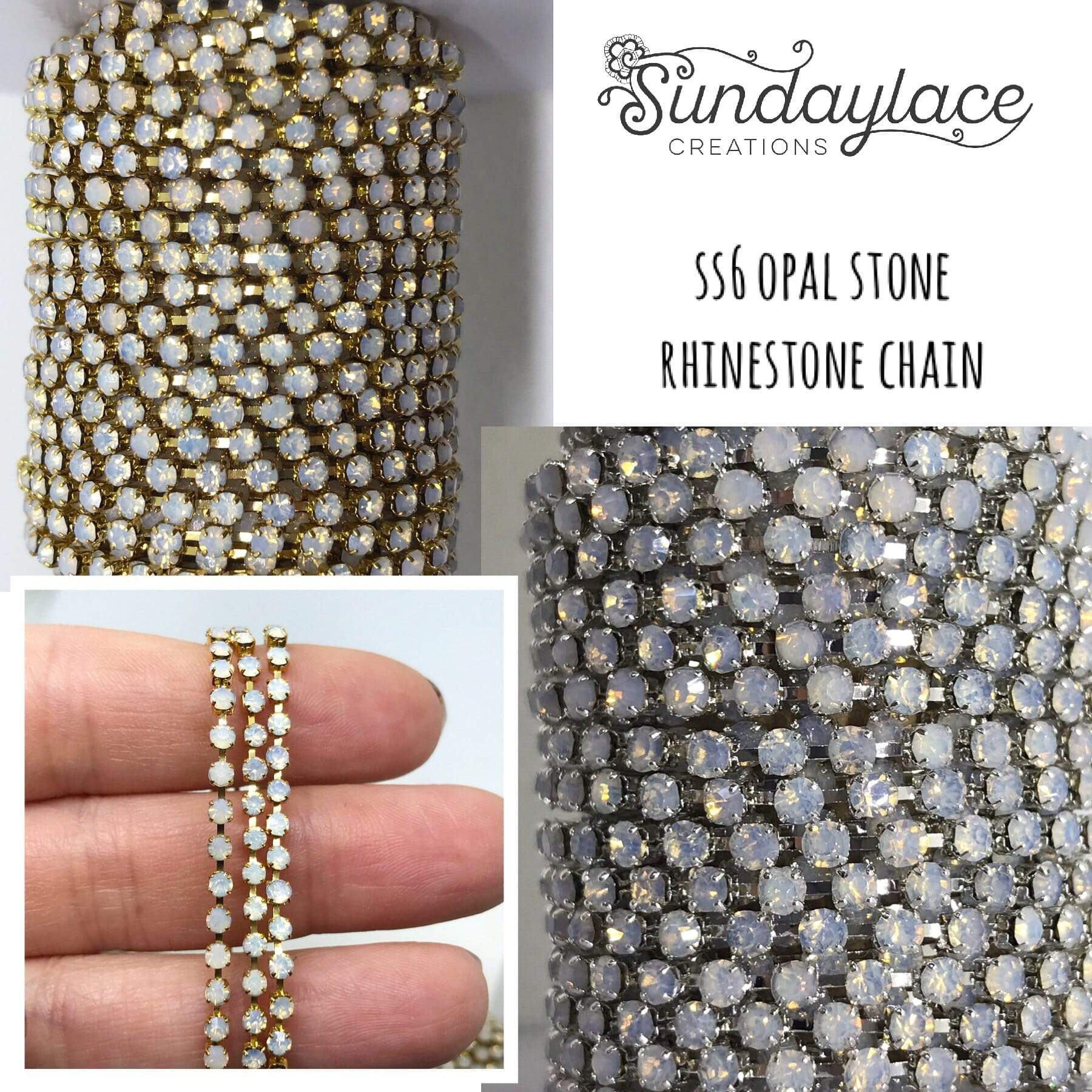 Sundaylace Creations & Bling SS6 Metal Rhinestone Chain Opal White/Gold Chain Ss6 Opal White Stone Rhinestone Chain in Gold/Silver Sparse Metal Rhinestone Chain