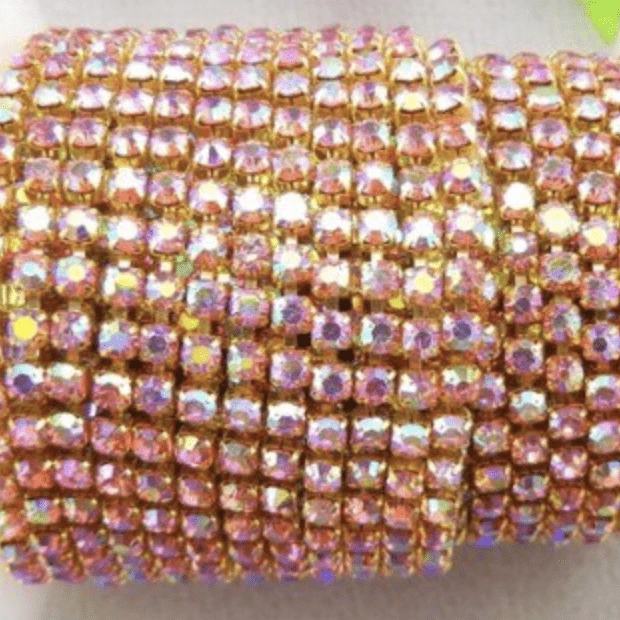 Sundaylace Creations & Bling SS6 Metal Rhinestone Chain Ss6 Pink AB on GOLD Ss6 Pink AB Stone Rhinestone with Silver/Gold Chain, Rhinestone Metal Chain