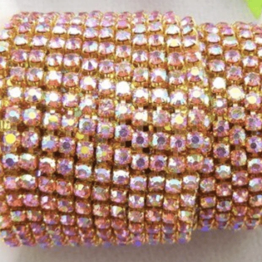 Sundaylace Creations & Bling SS6 Metal Rhinestone Chain Ss6 Pink AB on GOLD Ss6 Pink AB Stone Rhinestone with Silver/Gold Chain, Rhinestone Metal Chain