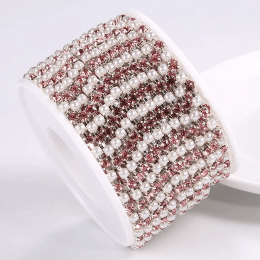 Sundaylace Creations & Bling SS6 Metal Rhinestone Chain Pink/Pearl on Silver Chain-ALTERNATING Ss6 Pink and Light Pink with Pearl, Alternating Stones Metal Rhinestone Chain