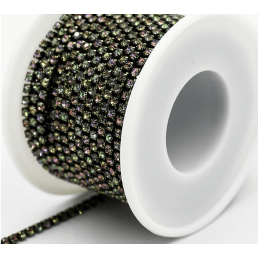 Sundaylace Creations & Bling SS6 Metal Rhinestone Chain Ss6 Rainbow Opal Flame Stone, *hints of purple/pink/green* on Gunmetal-Green Metal Rhinestone Chain
