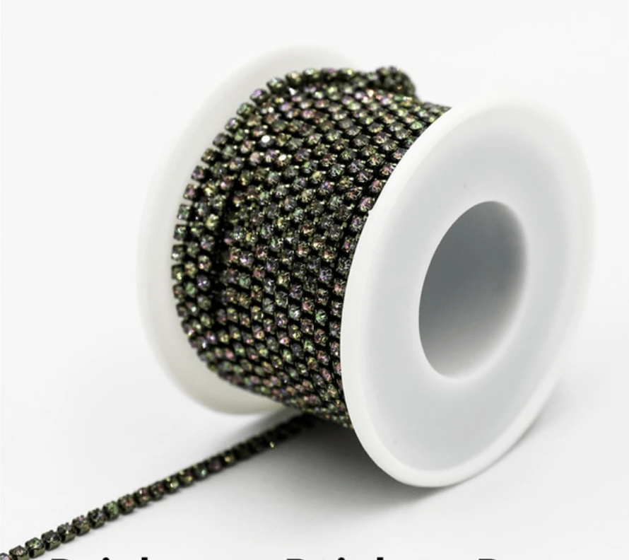 Sundaylace Creations & Bling SS6 Metal Rhinestone Chain Ss6 Rainbow Opal Flame Stone, *hints of purple/pink/green* on Gunmetal-Green Metal Rhinestone Chain