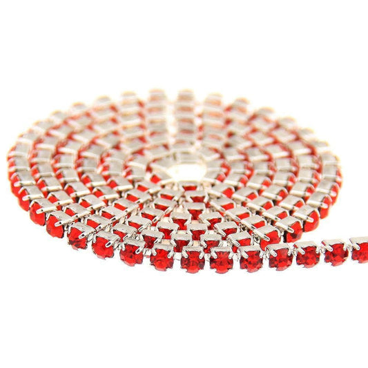 Ss6 Red on SILVER Metal Rhinestone Chain (Sold in 36") SS6 Metal Rhinestone Chain