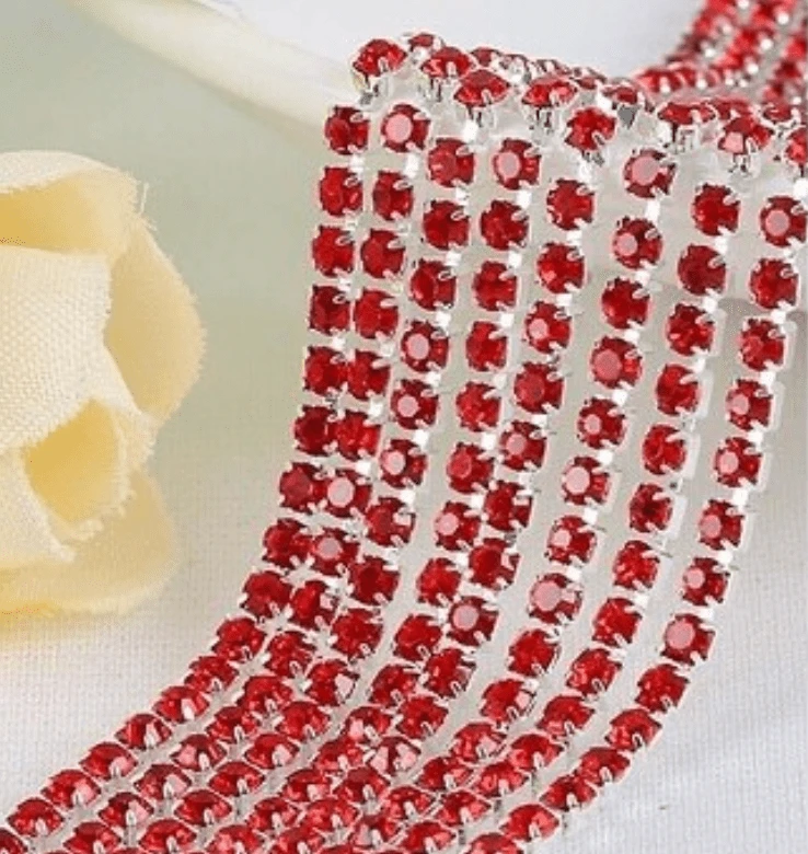 Ss6 Red on SILVER Metal Rhinestone Chain (Sold in 36") SS6 Metal Rhinestone Chain