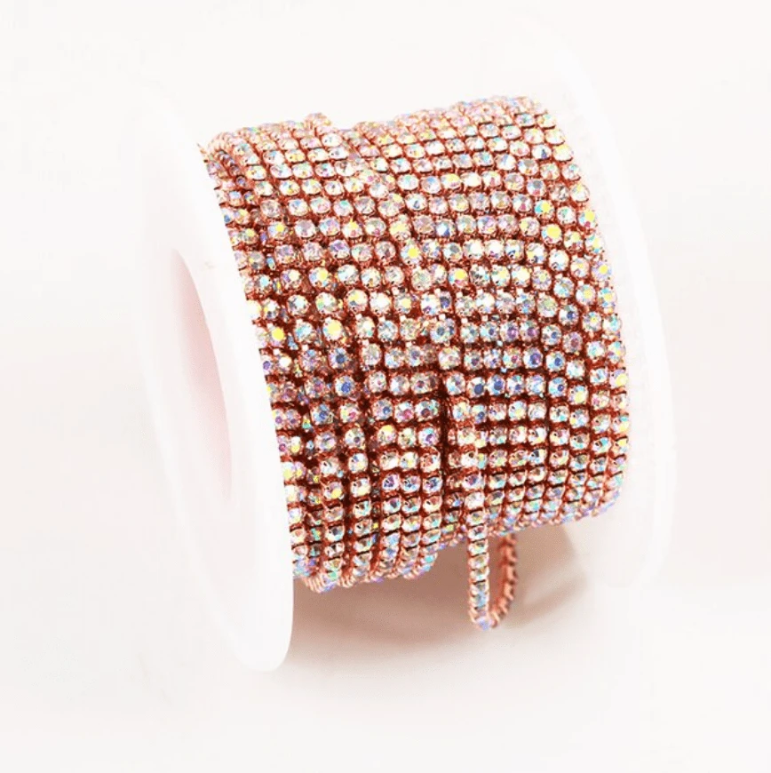 Sundaylace Creations & Bling Ss6 Metal Rhinestone Chain SS6 Rose Gold AB DENSE, Rhinestone Metal Cup Chain, → 10 Yard BULK BUY!