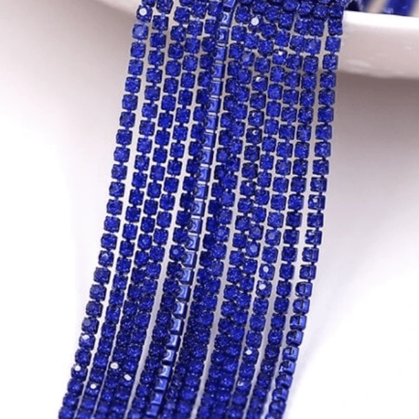 Sundaylace Creations & Bling SS6 Metal Rhinestone Chain Ss6 Royal Blue Stone, on DARK BLUE Coloured Metal Rhinestone Chain