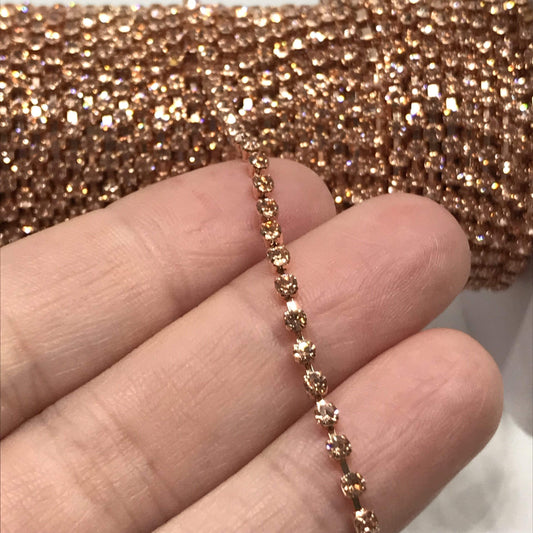 Sundaylace Creations & Bling SS6 Metal Rhinestone Chain Ss6 Silk (Peach Champagne) Rhinestone on Rose Gold Metal Rhinestone Chain, Dense