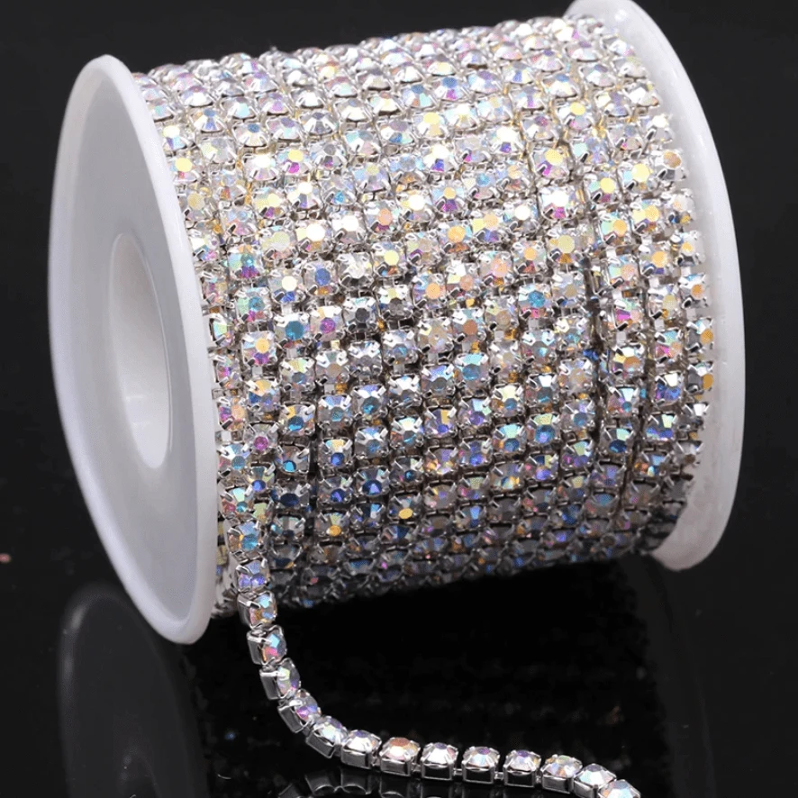 Sundaylace Creations & Bling Ss6 Metal Rhinestone Chain SS6 Silver AB DENSE, Rhinestone Metal Cup Chain, → 10 Yard BULK BUY!
