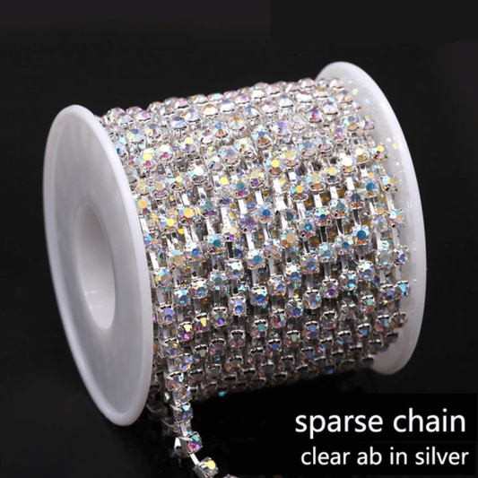 Sundaylace Creations & Bling Ss6 Metal Rhinestone Chain SS6 Silver AB SPARSE, Rhinestone Metal Cup Chain, → 10 Yard BULK BUY!