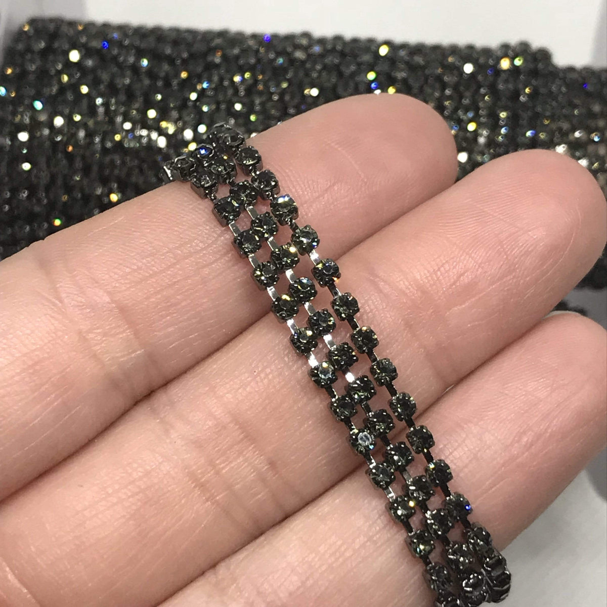 Sundaylace Creations & Bling SS6 Metal Rhinestone Chain Ss6- Dense Ss6 & Ss12 Grey Stone in Gunmetal Metal Rhinestone Chain