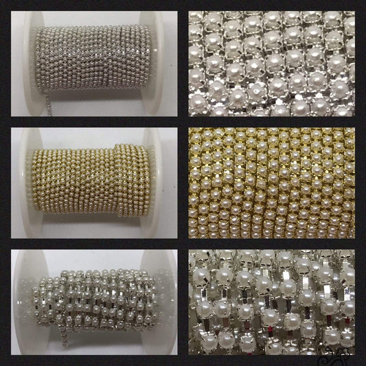 Sundaylace Creations & Bling SS6 Metal Rhinestone Chain Ss6 & Ss12 White/Ivory Pearl Stone, Silver or Gold Metal Rhinestone Chain