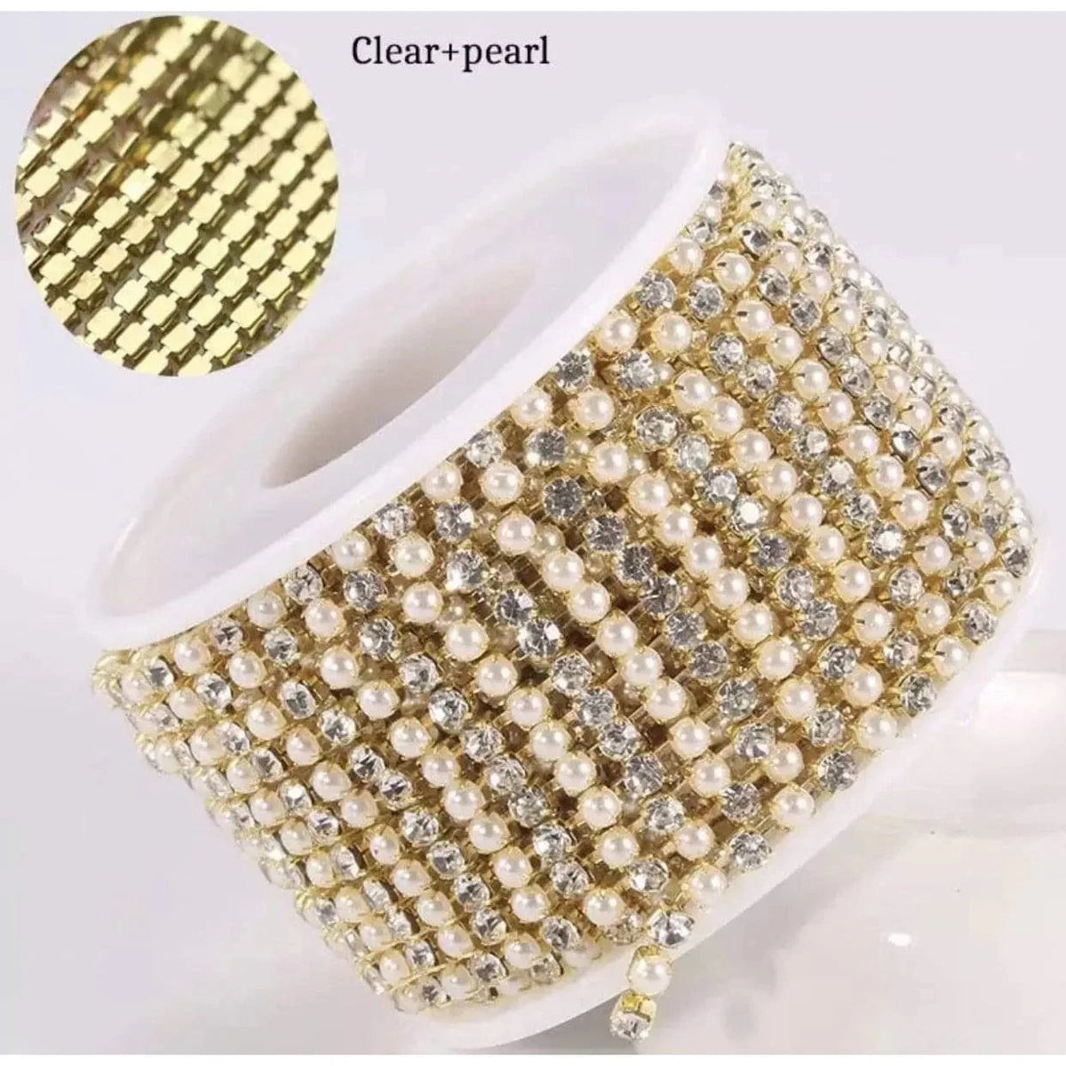 Sundaylace Creations & Bling SS6 Metal Rhinestone Chain Ss6 & Ss12 Pearl and Clear Stones (Alternating) on Gold Metal Rhinestone Chain *Dense Chain*