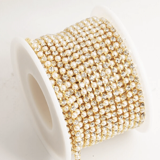 Sundaylace Creations & Bling SS6 Metal Rhinestone Chain ss8 Ss6 & Ss8 Pearl and Clear Stones (Alternating) on Gold Metal Rhinestone Chain *Dense Chain*