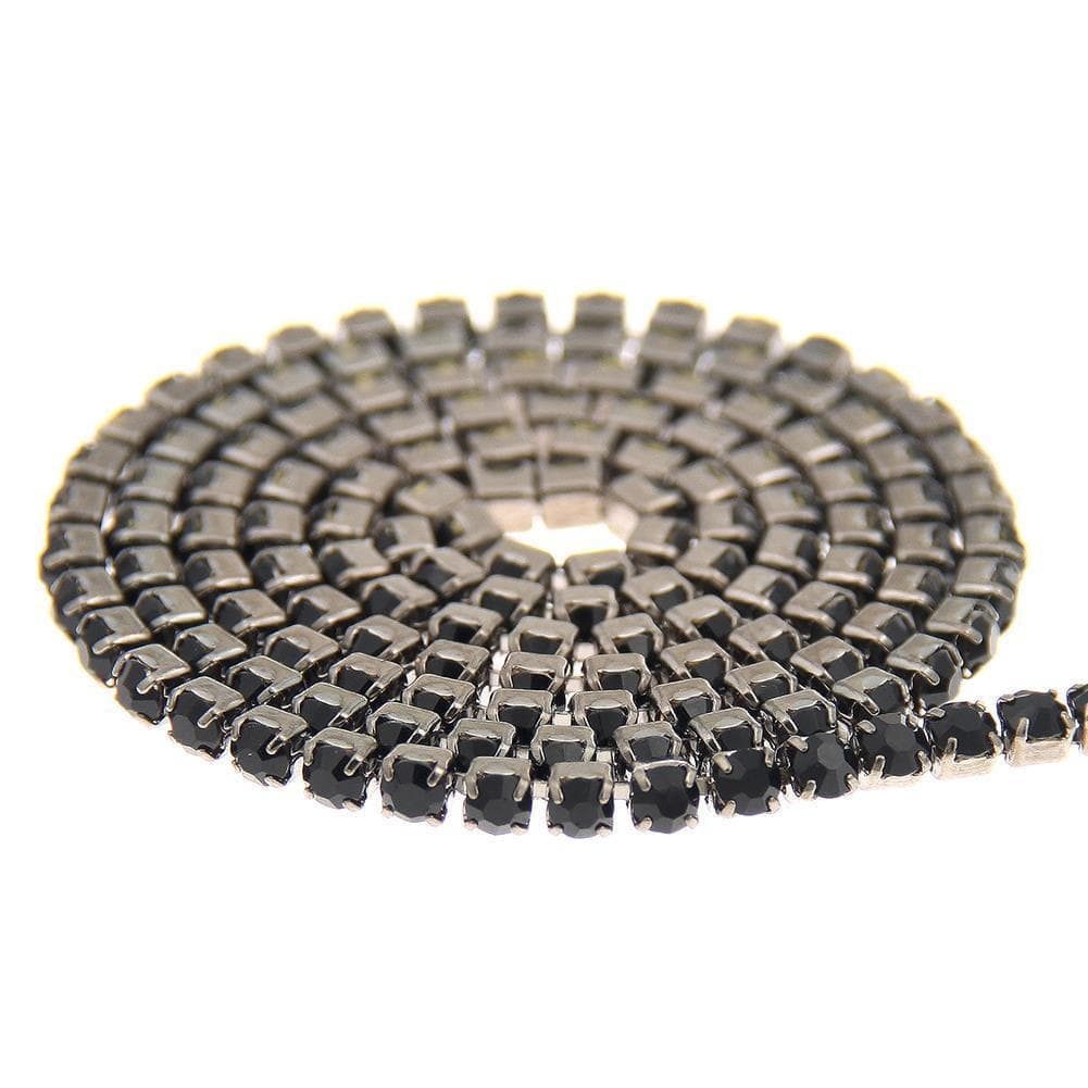 Sundaylace Creations & Bling SS6 Metal Rhinestone Chain Ss10 (2.8mm) Ss6, Ss8, Ss10, Ss12 Black Rhinestone Metal in Gunmetal Chain (Black Stone on Gunmetal Chain)