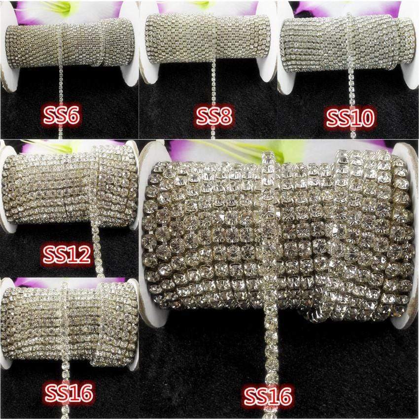 Sundaylace Creations & Bling SS6 Metal Rhinestone Chain Ss6- Ss8- Ss10-Ss12 Clear Stone Rhinestone Metal Chain in Gold/Silver, SPARSE Chain