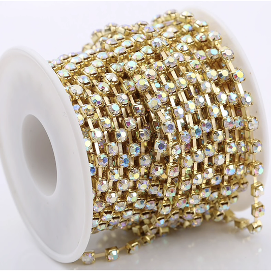 Ss12 AB Gold sparse Ss6, Ss8, Ss10, Ss12, & Ss16 AB Crystal Stone in Gold Metal Rhinestone Chain (Sold in 36") SS6 Metal Rhinestone Chain