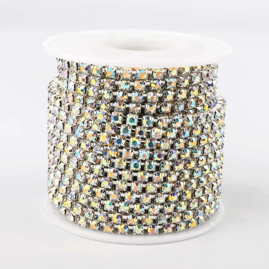 Ss8 AB Silver chain - SPARSE Ss6, Ss8, Ss10, Ss12, & Ss16 AB Crystal Stone in Silver Metal Rhinestone Chain (Sold in 36") SS6 Metal Rhinestone Chain