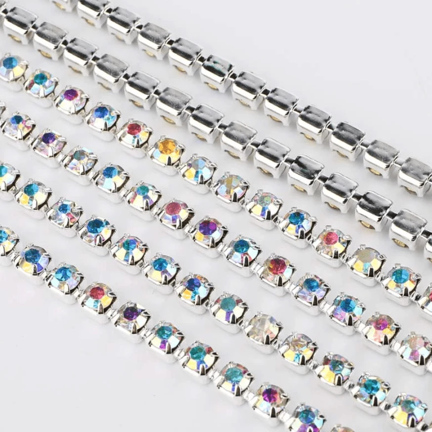 Ss10 AB Silver - SPARSE Ss6, Ss8, Ss10, Ss12, & Ss16 AB Crystal Stone in Silver Metal Rhinestone Chain (Sold in 36") SS6 Metal Rhinestone Chain
