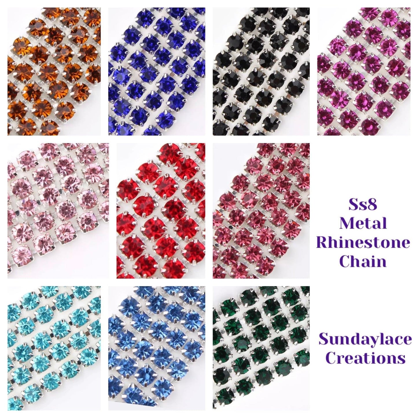 Sundaylace Creations & Bling Ss8 Metal Rhinestone Chain Ss8 Multiple Colours in Silver Cup Metal Rhinestone Chain