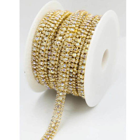 Sundaylace Creations & Bling Promotions Ss8-SS16-SS8 THREE ROW AB in GOLD Metal Rhinestone Chain *NEW*