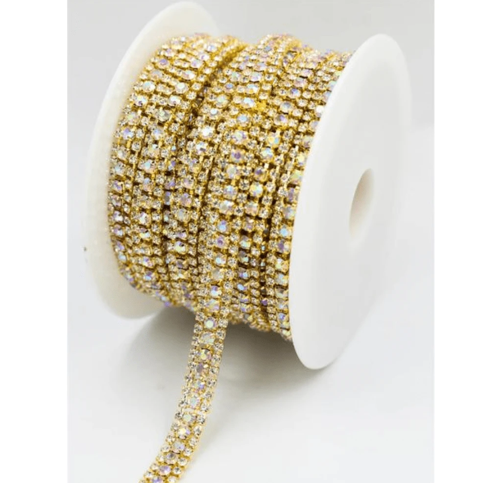 Sundaylace Creations & Bling Promotions Ss8-SS16-SS8 THREE ROW AB in GOLD Metal Rhinestone Chain *NEW*