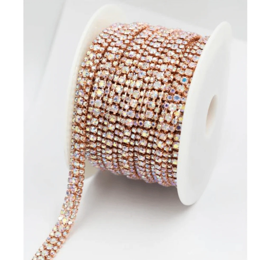 Sundaylace Creations & Bling Promotions SS8-SS16-SS8 THREE ROW AB in ROSE GOLD Metal Rhinestone Chain *NEW*