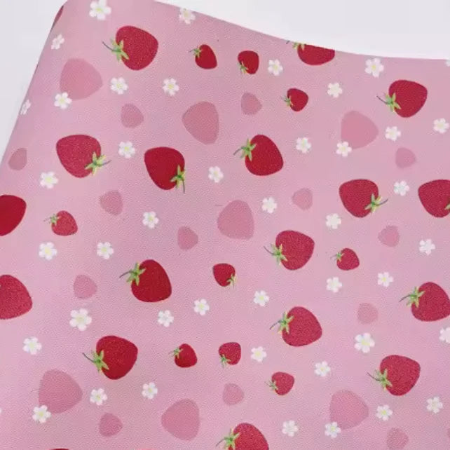 21*29cm Strawberries/Flowers On Pink Background Sheets, Long Leatherette Sheets Leatherette