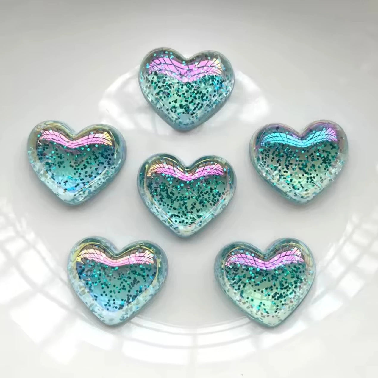 20mm Mermaid Aqua Sparkle Heart, Glue on, Resin Gem (Sold in Pairs) Resin Gems