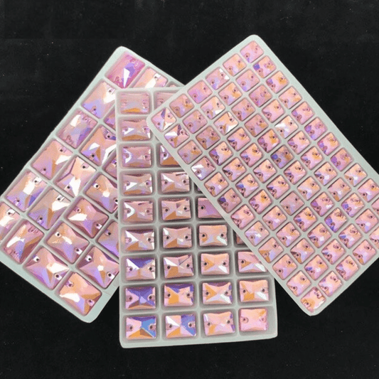 10*14mm Pink AB Rectangle, Sew on, Fancy Glass Gem (Sold in Pair) Fancy Glass Gems