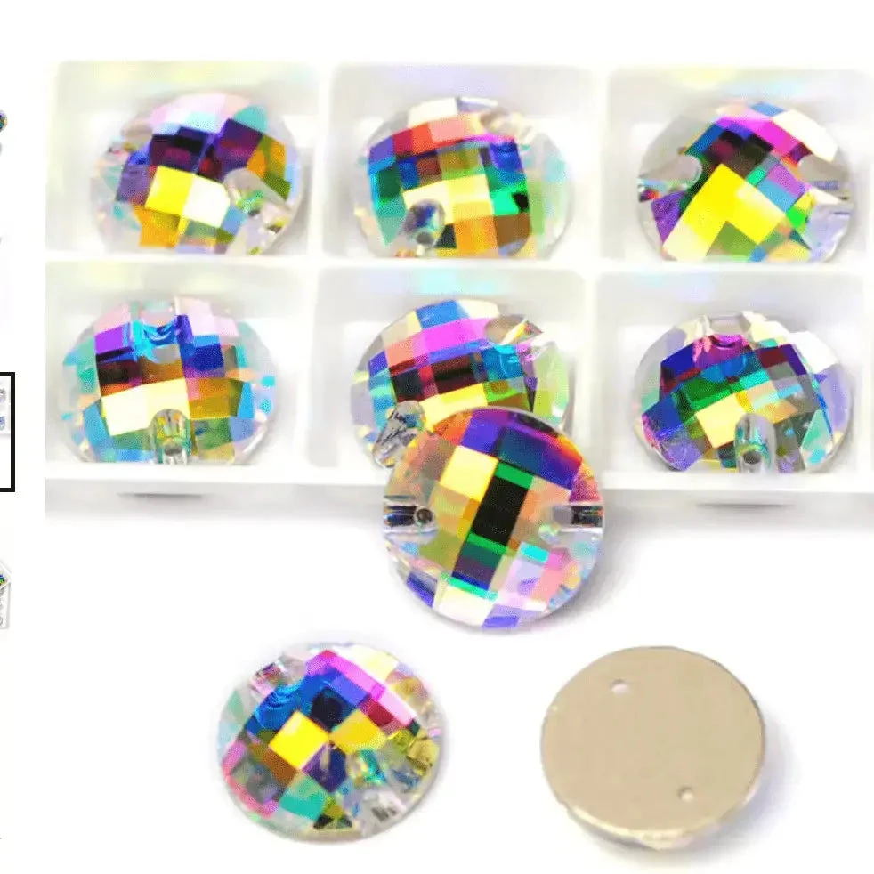10mm AB Checkered Glass Gem Sew On Flat Back Rivoli (Sold in Pair) Fancy Glass Gems