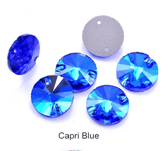 10mm Capri Blue Rivoli, Sew on,  Glass Gem (Sold in Pair) Glass Gems