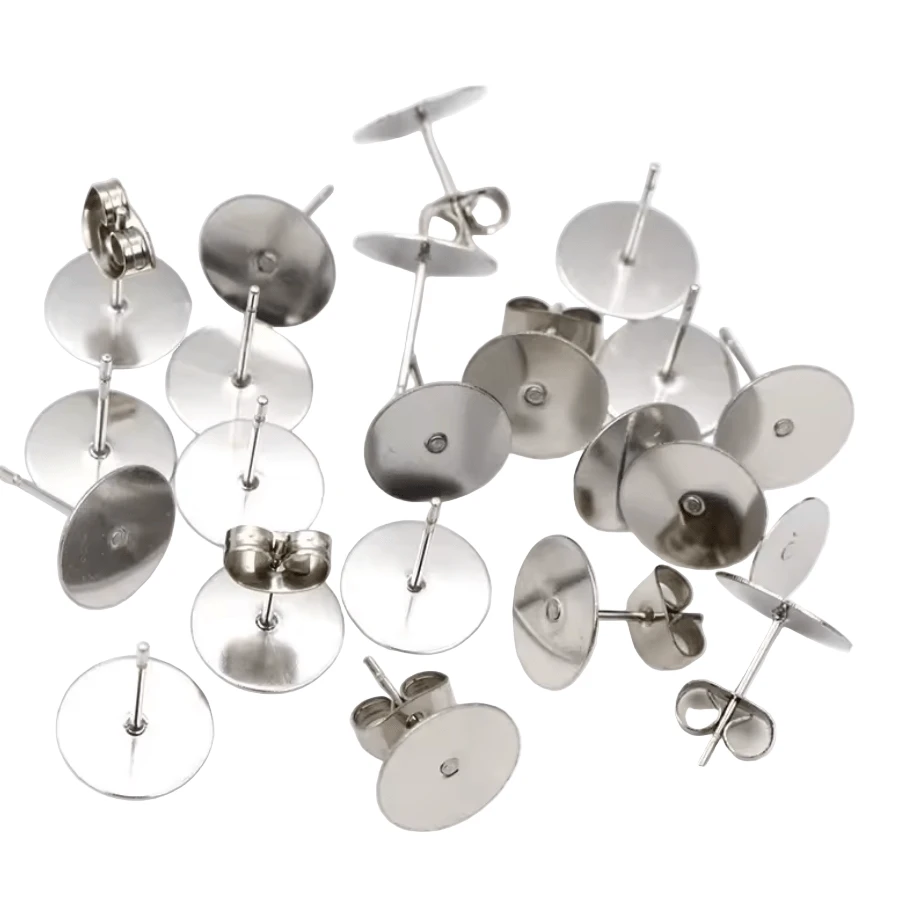 10mm Silver Stainless Steel Stud Earring Findings with backings *50 pairs with backings Basics