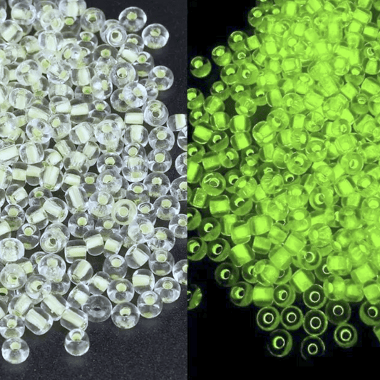 11/0 Seedbeads, GLOW IN DARK - IVORY Lined to Green GLOW 10g 11/0 TOHO Seed Beads
