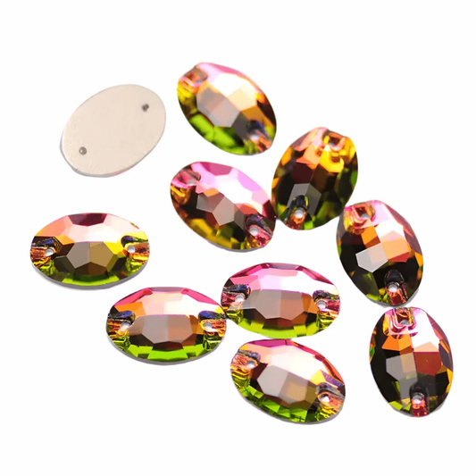 11*16mm Mulicolour Pink/Green Flame Oval, Sew on, Fancy Glass Gems (Sold in Pair) Fancy Glass Gems