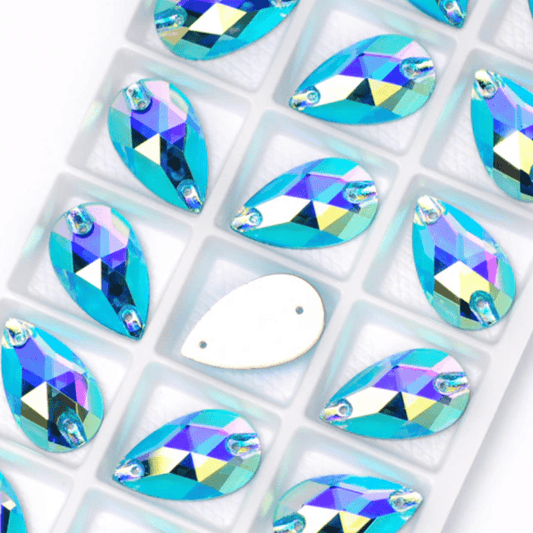 11*18mm Aquamarine AB Teardrop High Quality, Sew on, Fancy Glass Gem (Sold in Pair) Glass Gems