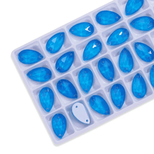 11*18mm Blue NEON White Bottom Teardrops, *Black light sensitive/Glow* Sew on, Glass Gems (Sold in Pair) Fancy Glass Gems