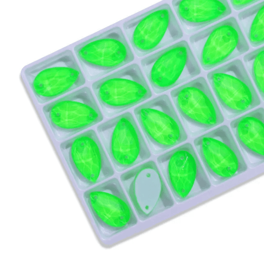 11*18mm Green NEON White Bottom Teardrops, *Black light sensitive/Glow* Sew on, Glass Gems (Sold in Pair) Fancy Glass Gems