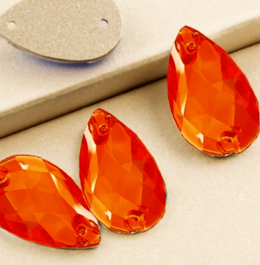 11*18mm Hyacinth Orange Teardrop, Sew on,  Glass Gem (Sold in Pair) Glass Gems