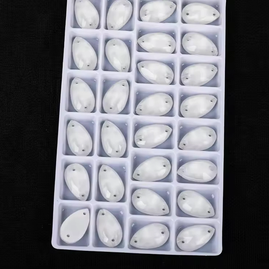 11*18mm White Jelly Finish, Sew on, Foil Back, Teardrop Glass Gem (Sold in Pair) Glass Gems